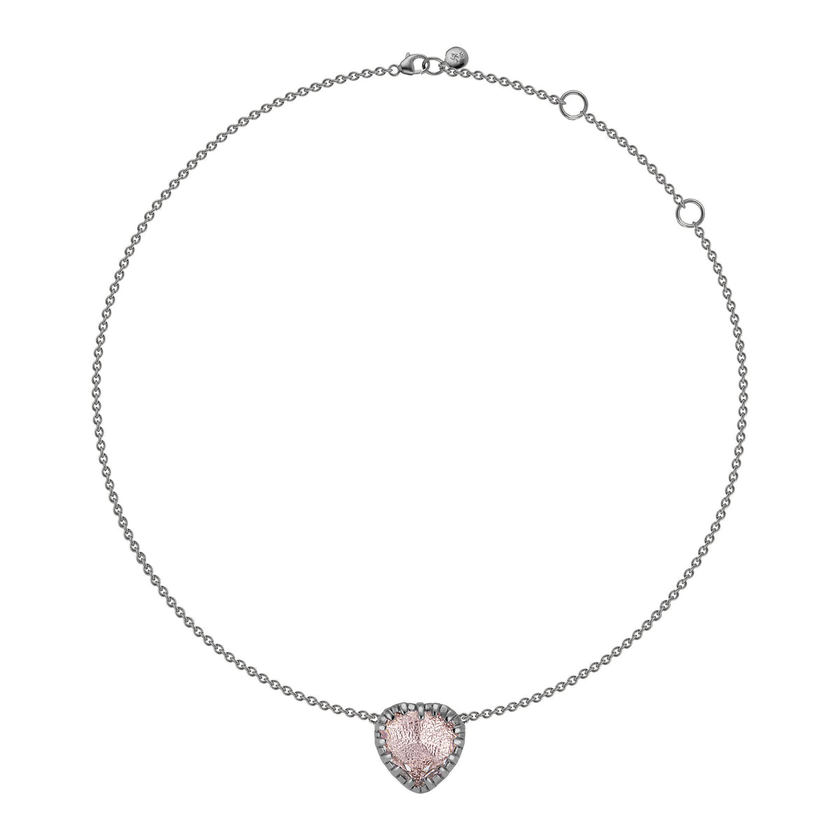 Front view of Valentina I Love NY Button Necklace showcasing heart-shaped white quartz pendant and adjustable chain on white background
