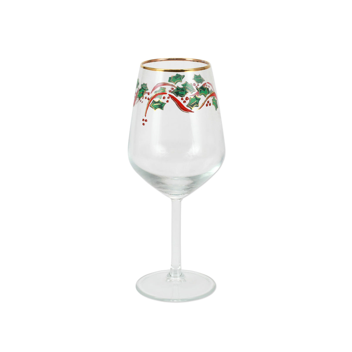 Front view of Holly Wine Glass showcasing seasonal holly decorations and golden rim with white background