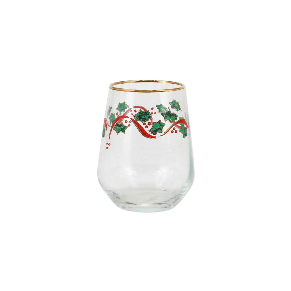 Front view of Holly Stemless Wine Glass showcasing holly decoration and golden rim with a white background