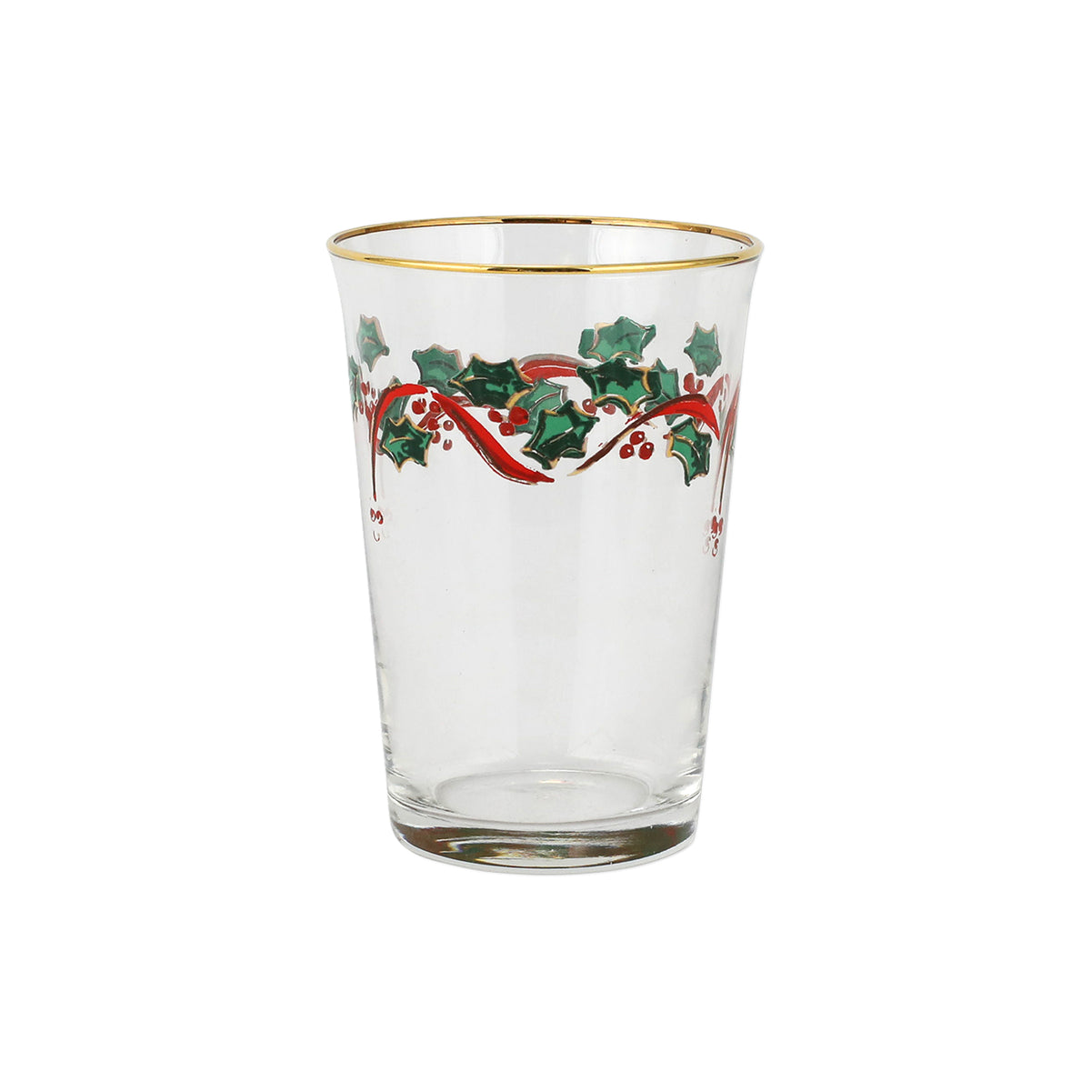 Front view of Holly Mint Julep Cup showcasing holiday holly decoration and golden rim with a white background
