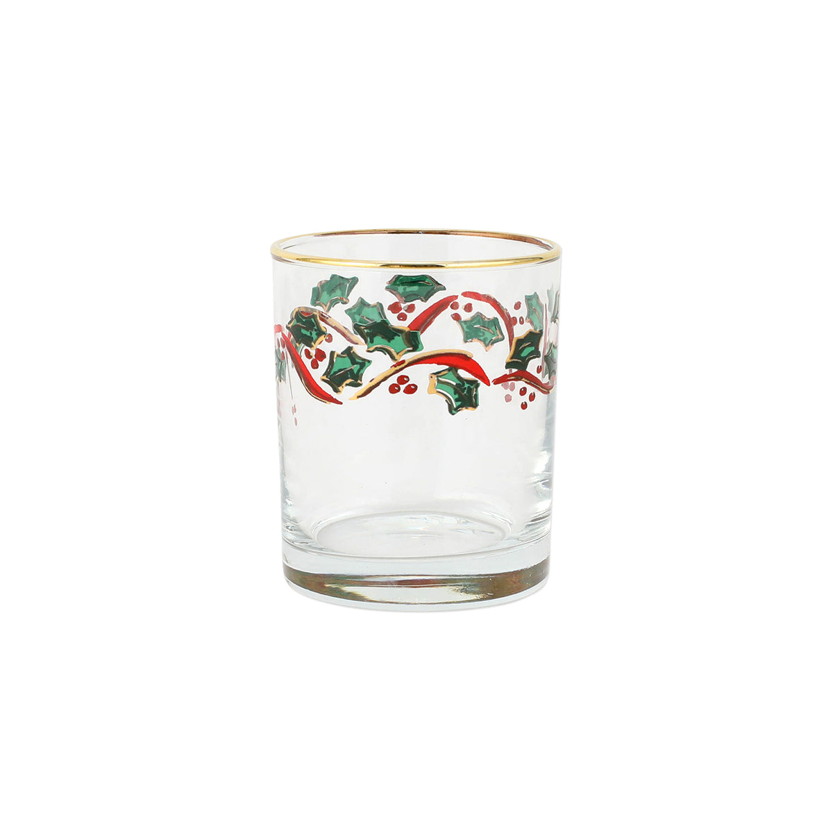 Front view of Holly Votive glass showcasing hand-painted holly leaves, red ribbon and berries with a gold rim on white background