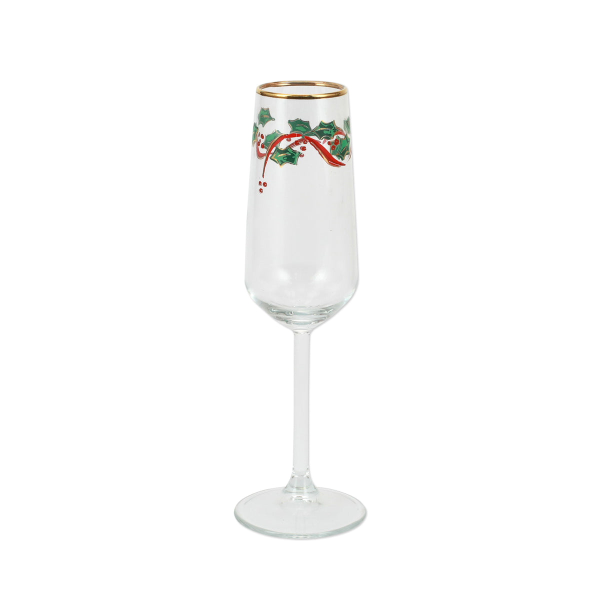Front view of Holly champagne flute showcasing holly and ribbon holiday decoration and gold rim on white background