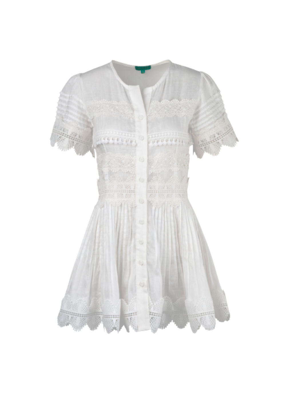 Front view of Violetta dress with button-front, lace inserts, scalloped hem, and short puff sleeves on white background