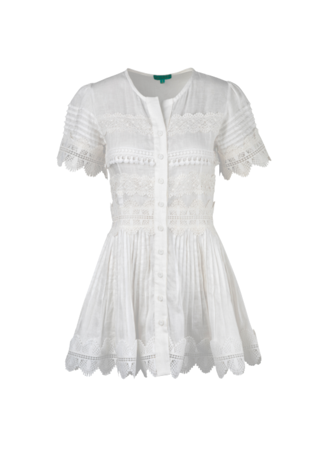 Front view of Violetta dress with button-front, lace inserts, scalloped hem, and short puff sleeves on white background