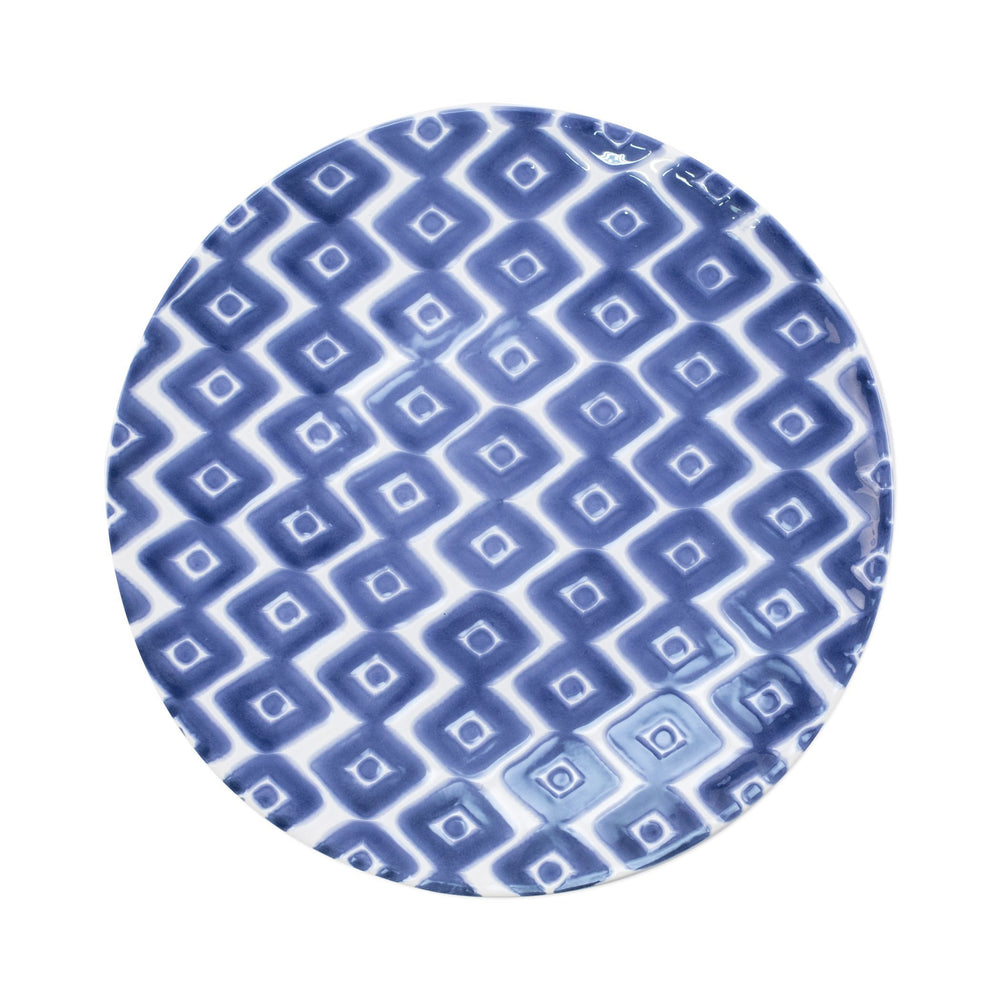 Top view of Santorini Diamond dinner plate showing blue-and-white diamond pattern on white background