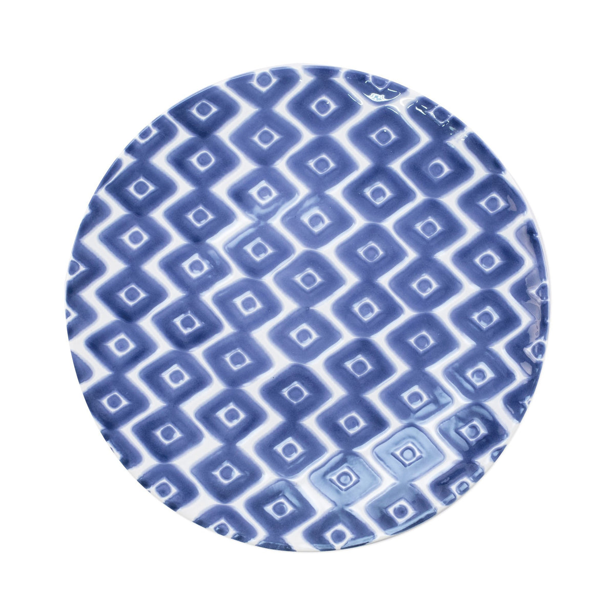 Top view of Santorini Diamond dinner plate showing blue-and-white diamond pattern on white background