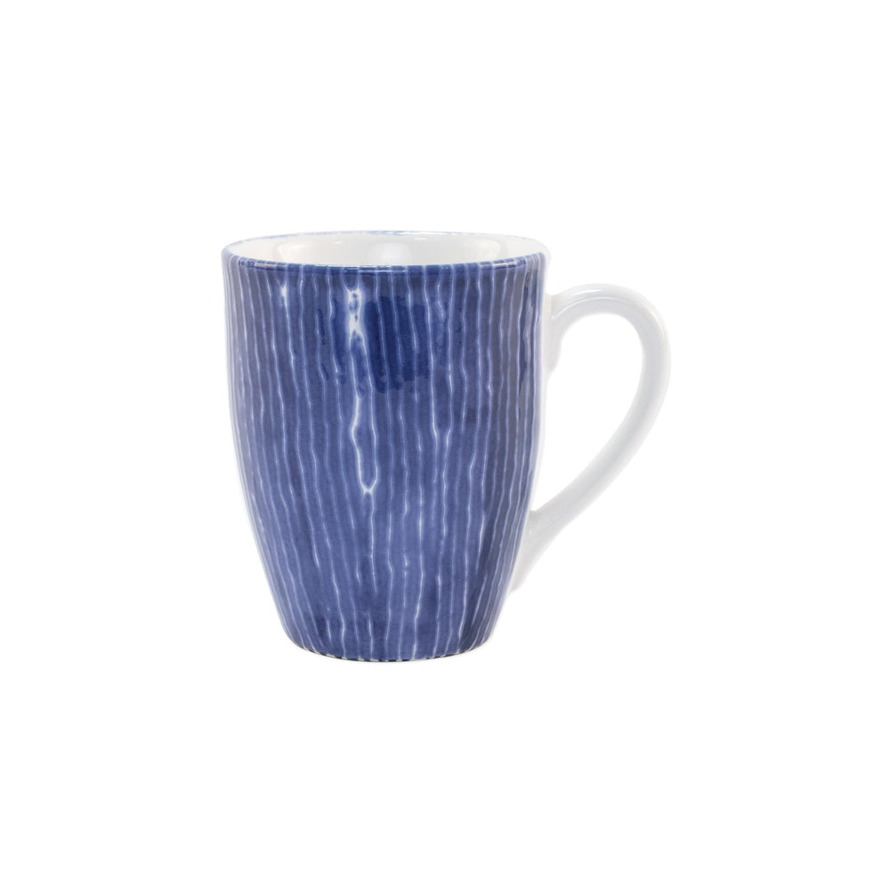 Front view of Santorini Stripe Mug showcasing blue vertical stripe pattern on ceramic with white background