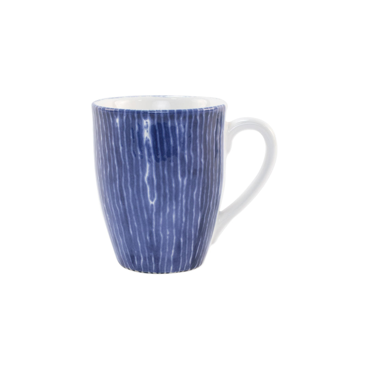 Front view of Santorini Stripe Mug showcasing blue vertical stripe pattern on ceramic with white background
