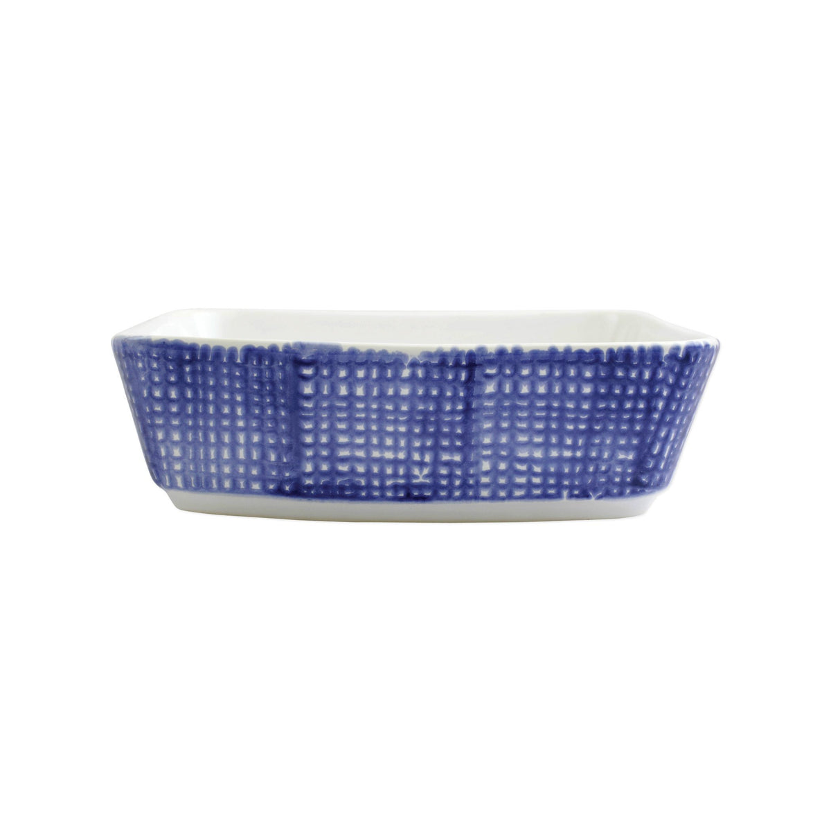 Front view of Santorini Geo square baker showcasing blue textured geometric exterior on white background
