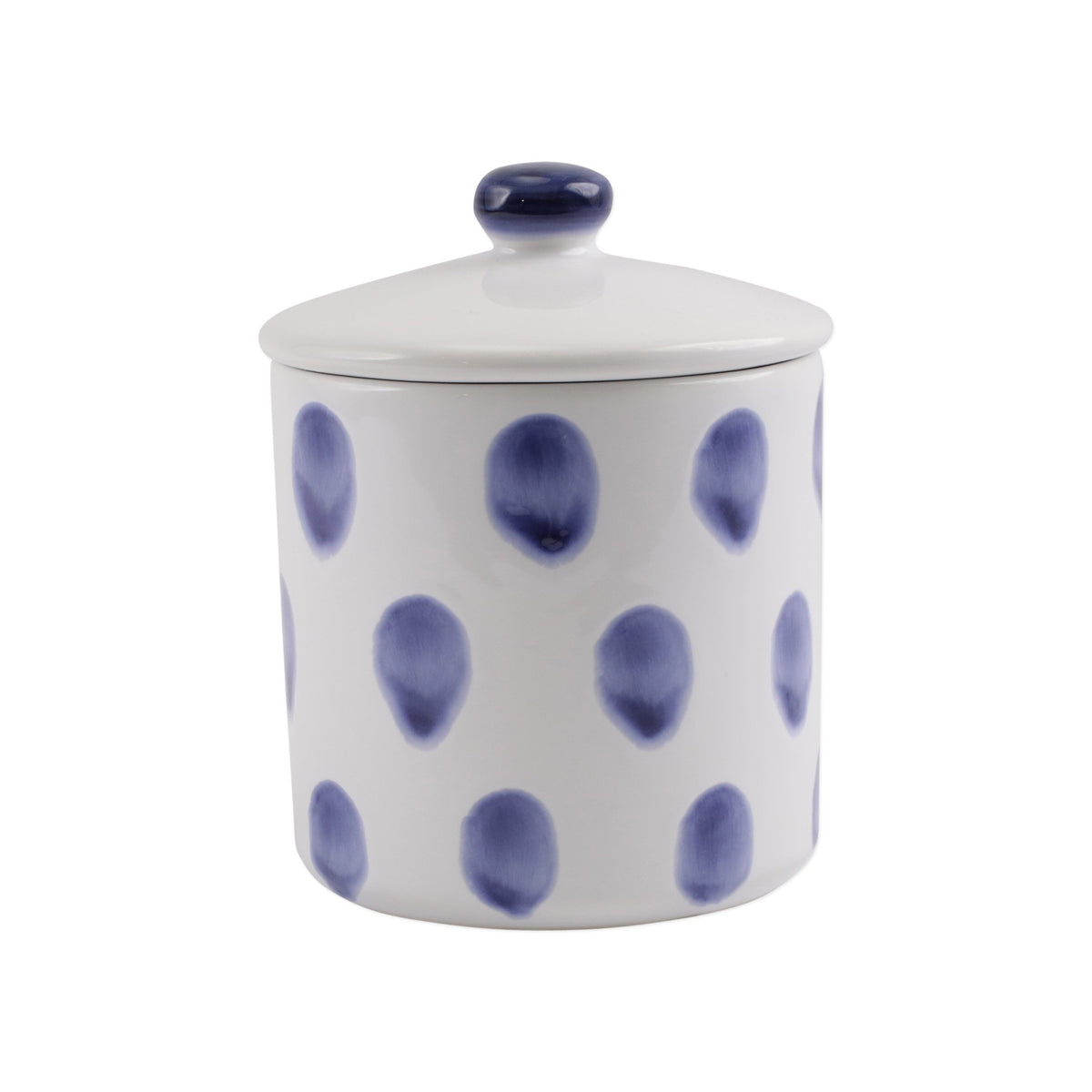 Front view of Santorini Dot Small Canister showcasing blue hand-painted dot pattern and matching lid with a white background