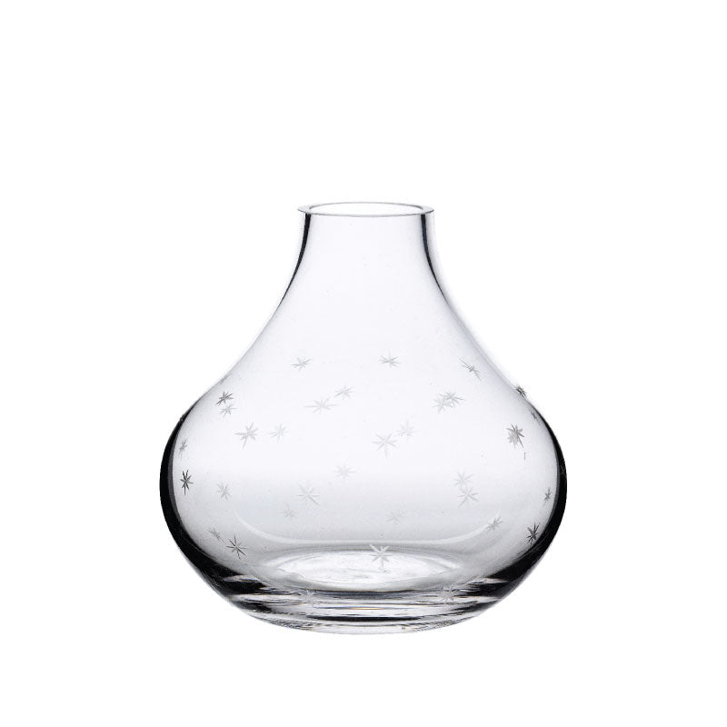 Front view of Small Crystal Vase with Stars Design showcasing hand-engraved star details on a white background