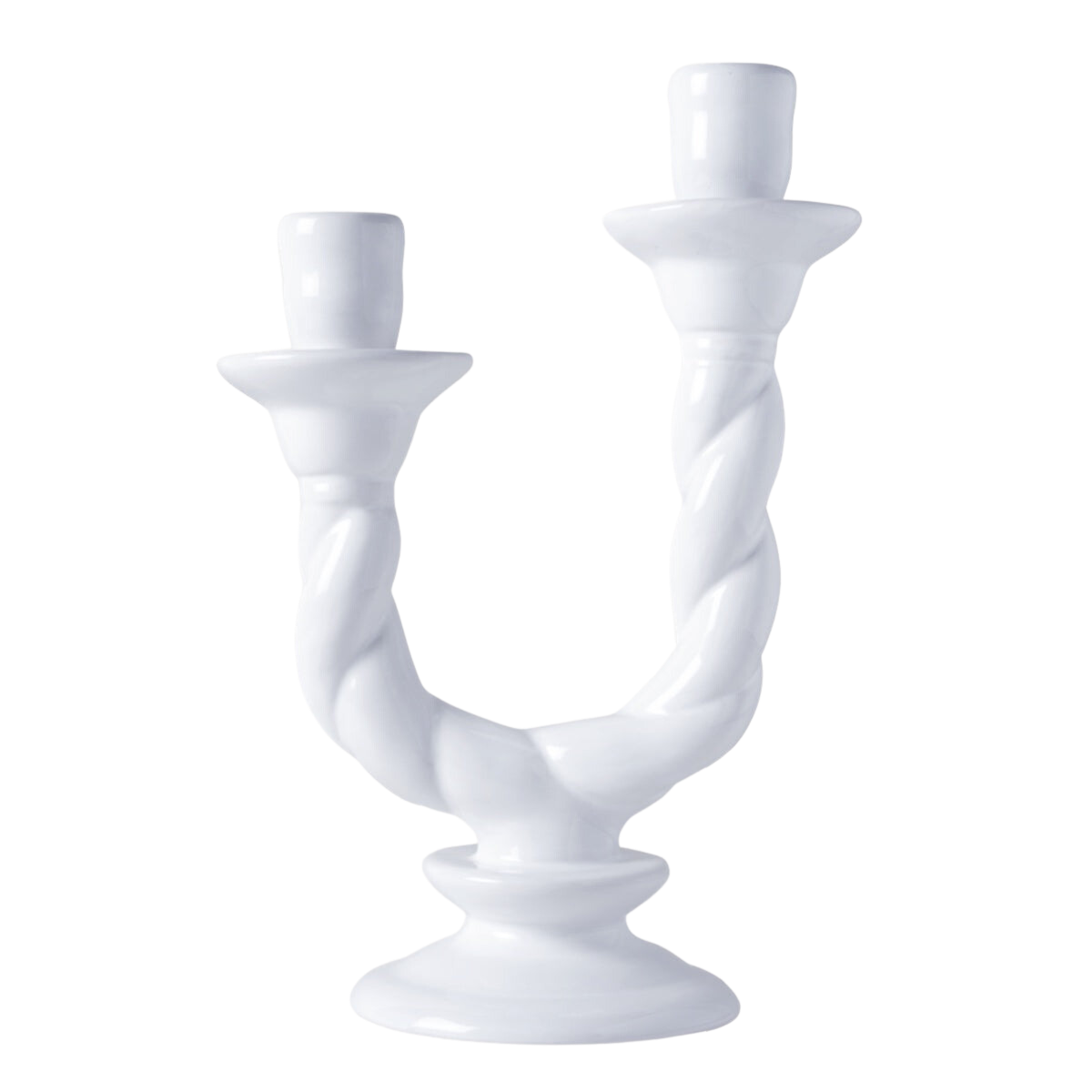 Front view of Vela Double Ceramic Candlestick showcasing two arms and an elegant twist design on a black background
