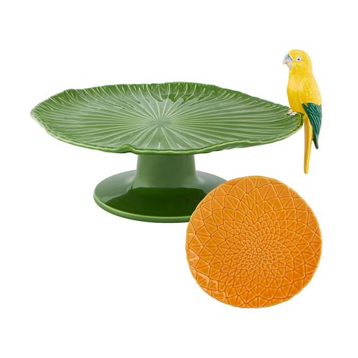 Front view of Amazonia Cake Serving Set showcasing a green leaf cake stand, bird accent, and orange dessert plate on white background