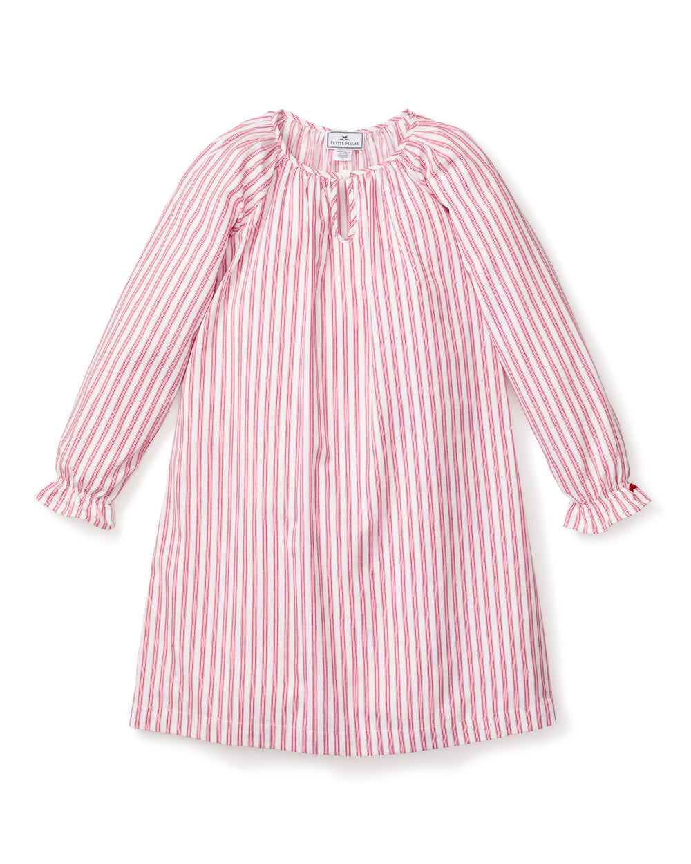 Front view of Delphine nightgown with red-and-white ticking stripes, gathered long sleeves and ruffle cuffs