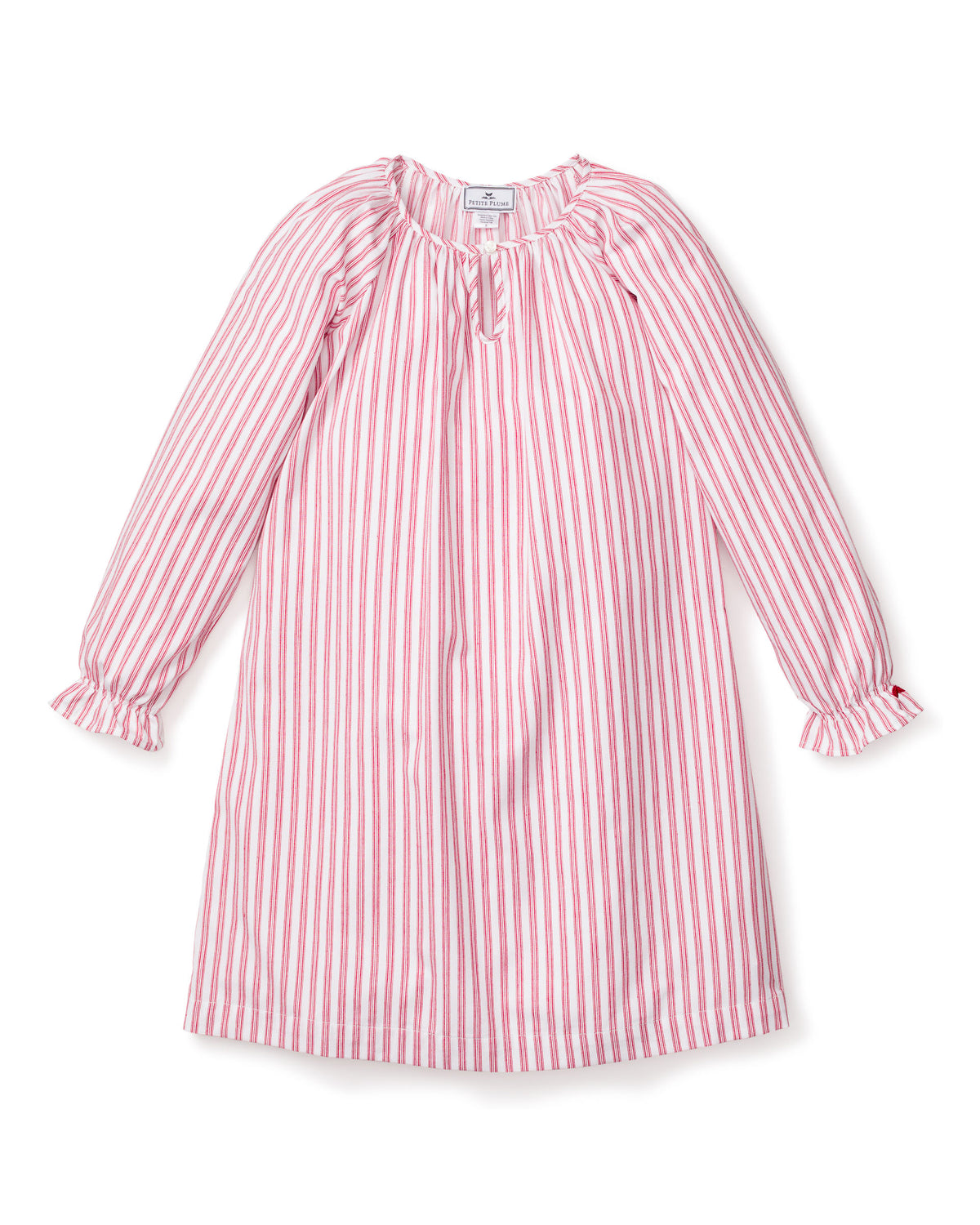 Front view of Delphine nightgown with red-and-white ticking stripes, gathered long sleeves and ruffle cuffs