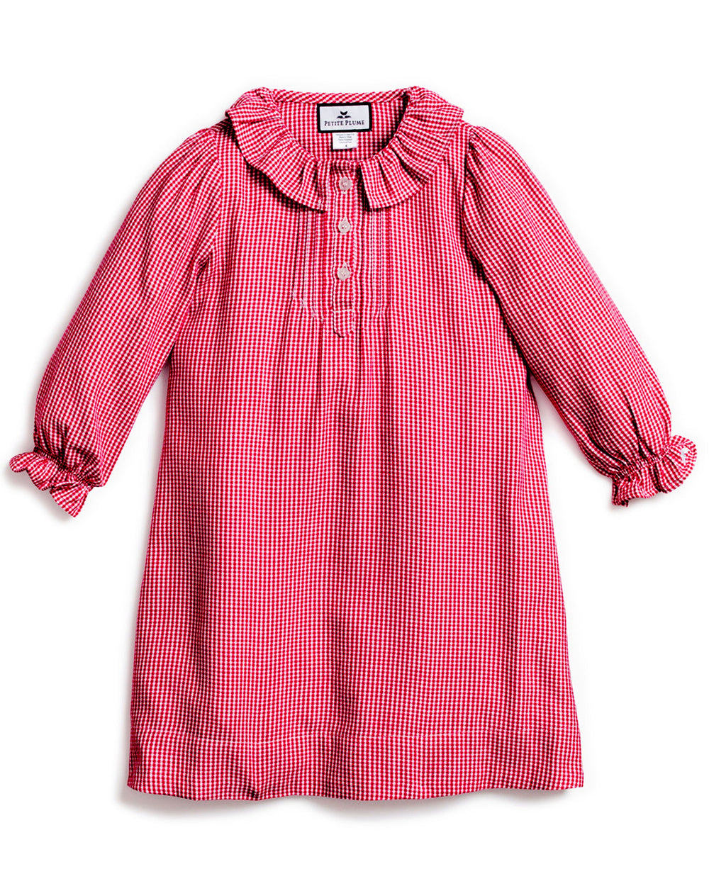 Front view of Children’s red mini gingham Victoria nightgown with ruffled collar, button-front details and long ruffle-tie sleeves on white background