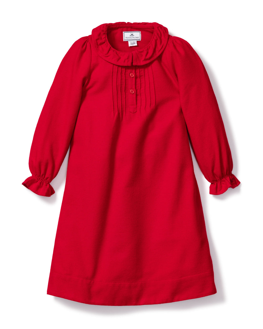 Front view of red flannel Victoria nightgown with ruffled collar, pintuck front and ruffled cuffs on white background