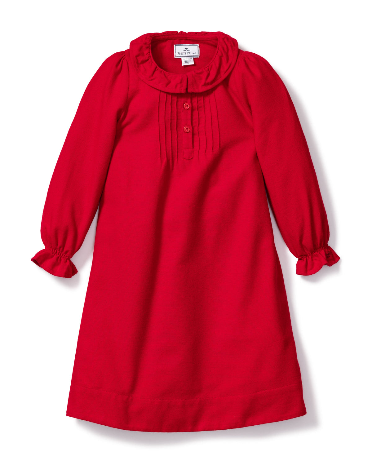 Front view of red flannel Victoria nightgown with ruffled collar, pintuck front and ruffled cuffs on white background