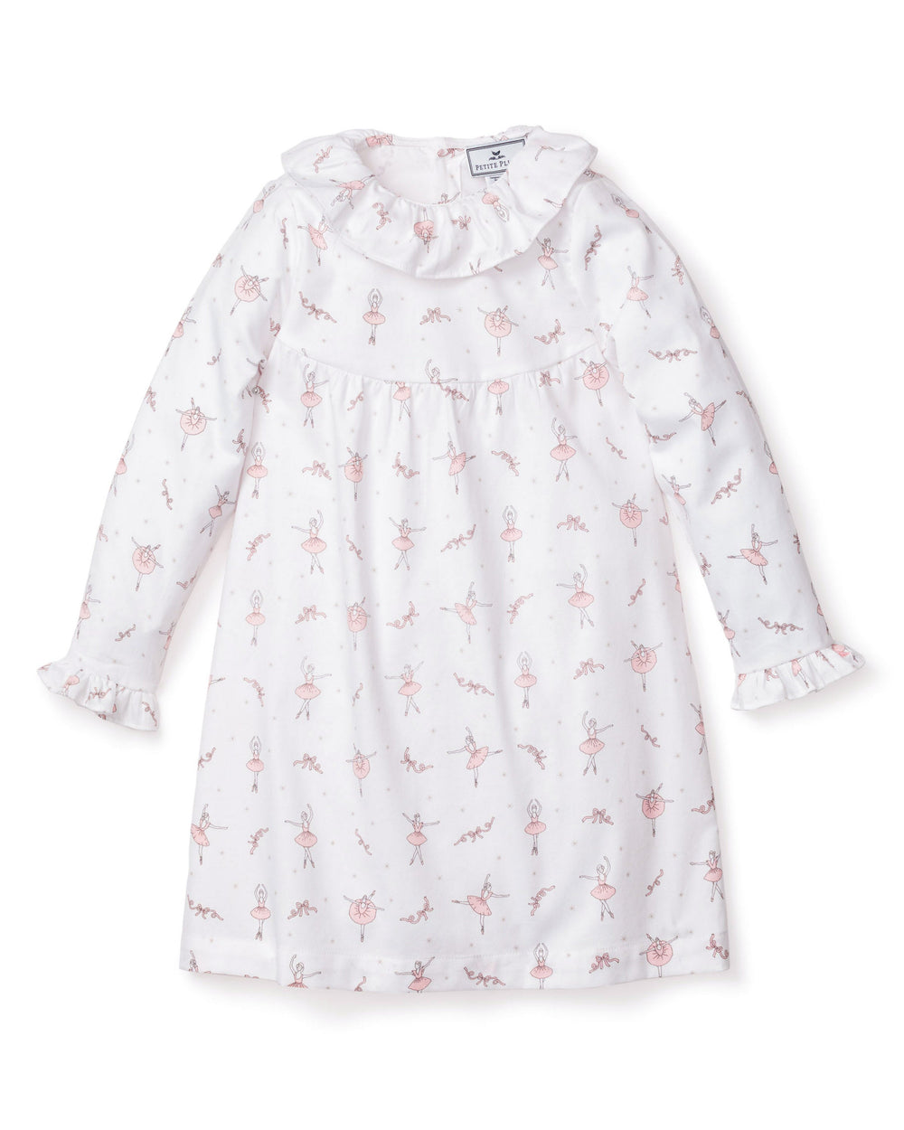Front view of children’s Sugar Plum Fairy Scarlett nightgown showcasing pink ballerina print with ruffled collar and cuffs on white background