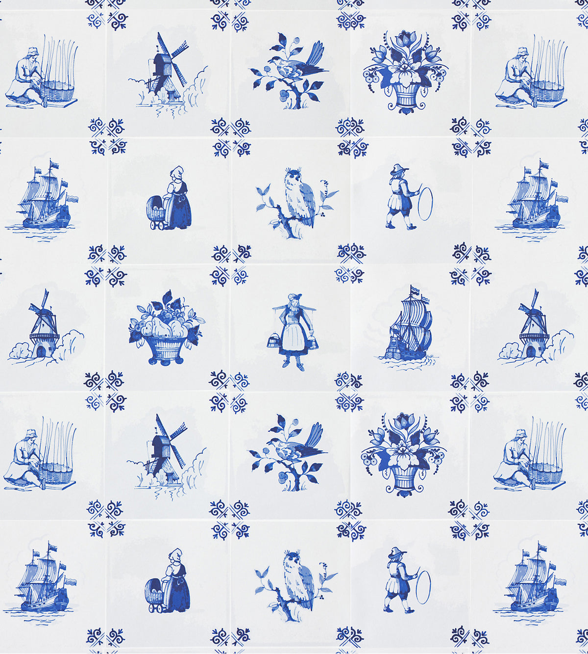 Front view of Tile Play Wallpaper showcasing blue Delft-style tile motifs of ships, windmills, flowers, birds, and figures on a white background