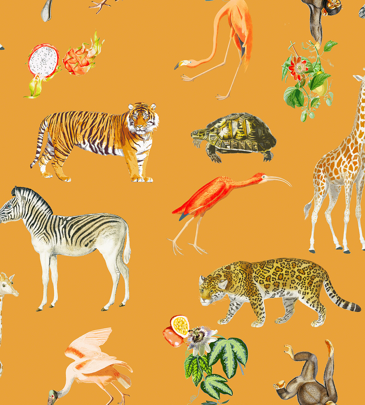 Detail view of Exotix wallpaper showcasing illustrated safari animals and tropical botanicals on a warm orange background