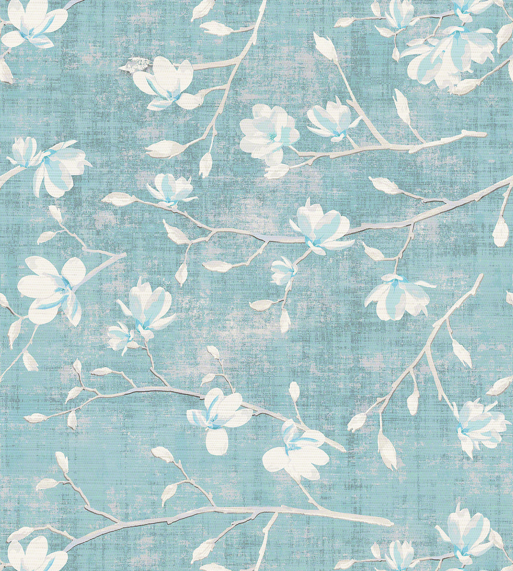 Detail view of Bloom Wallpaper showcasing white magnolia blossoms on a textured teal background