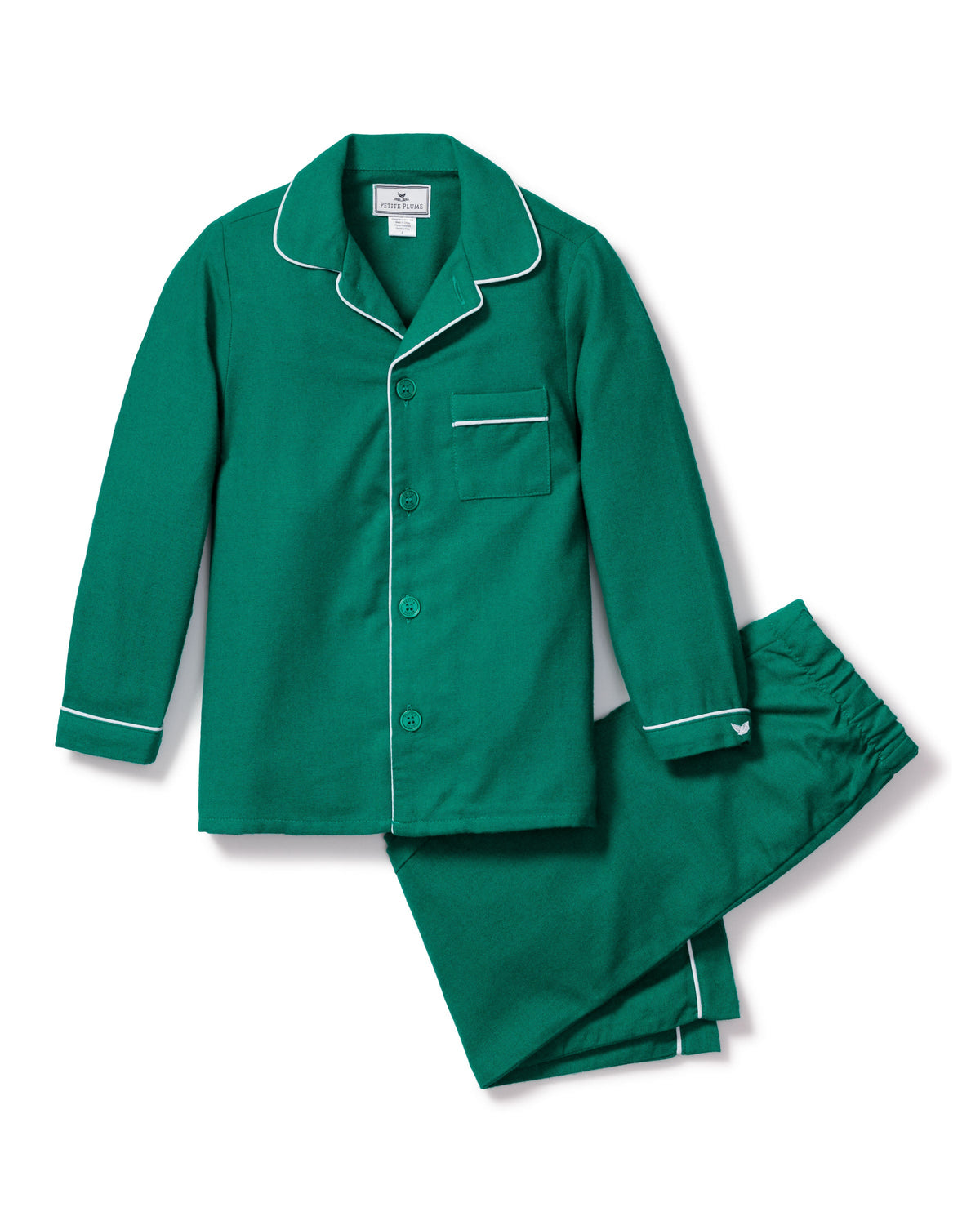 Flat lay of Children’s Forest Green Flannel Pajama Set showcasing white contrast piping, button front, and pocket on white background