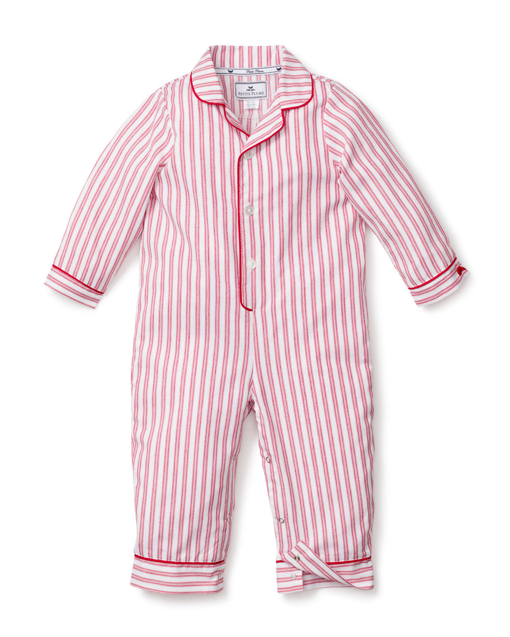 Front view of Antique Red Ticking Romper showing red-and-white vertical ticking stripes, contrast red piping, button front and snap leg openings on white background