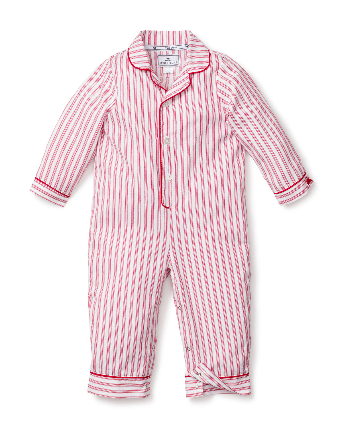 Front view of Antique Red Ticking Romper showing red-and-white vertical ticking stripes, contrast red piping, button front and snap leg openings on white background