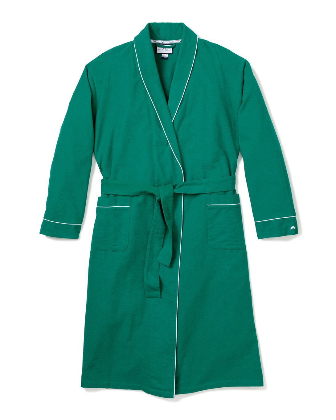 Front view of women’s forest green flannel robe with white piping, belt, and pockets on white background