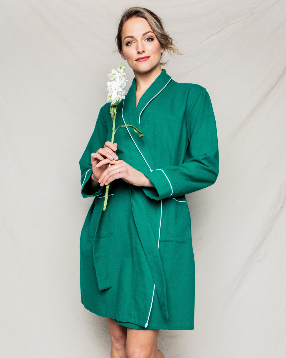 Women’s Forest Green Flannel Robe with White Piping