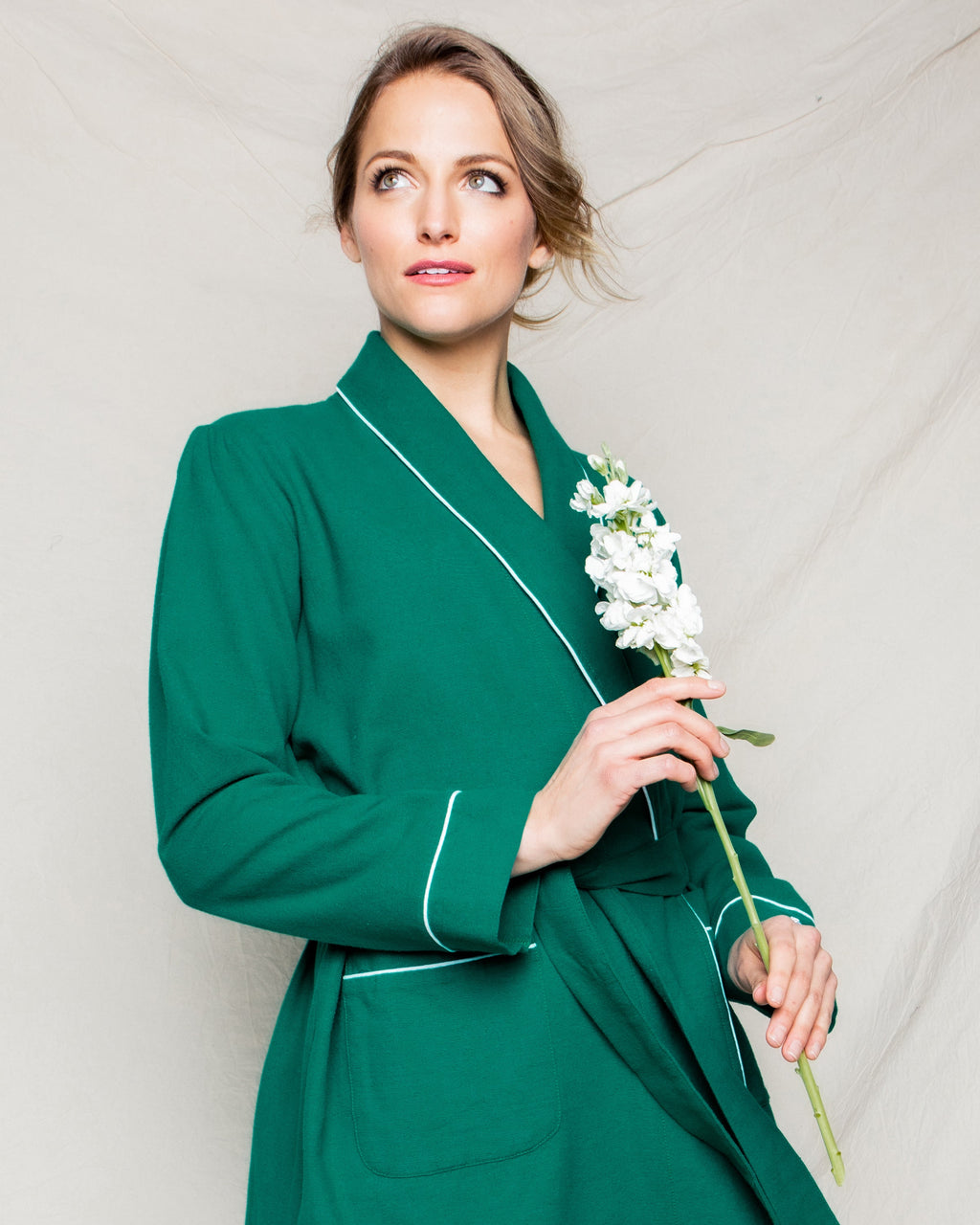 Women’s Forest Green Flannel Robe with White Piping