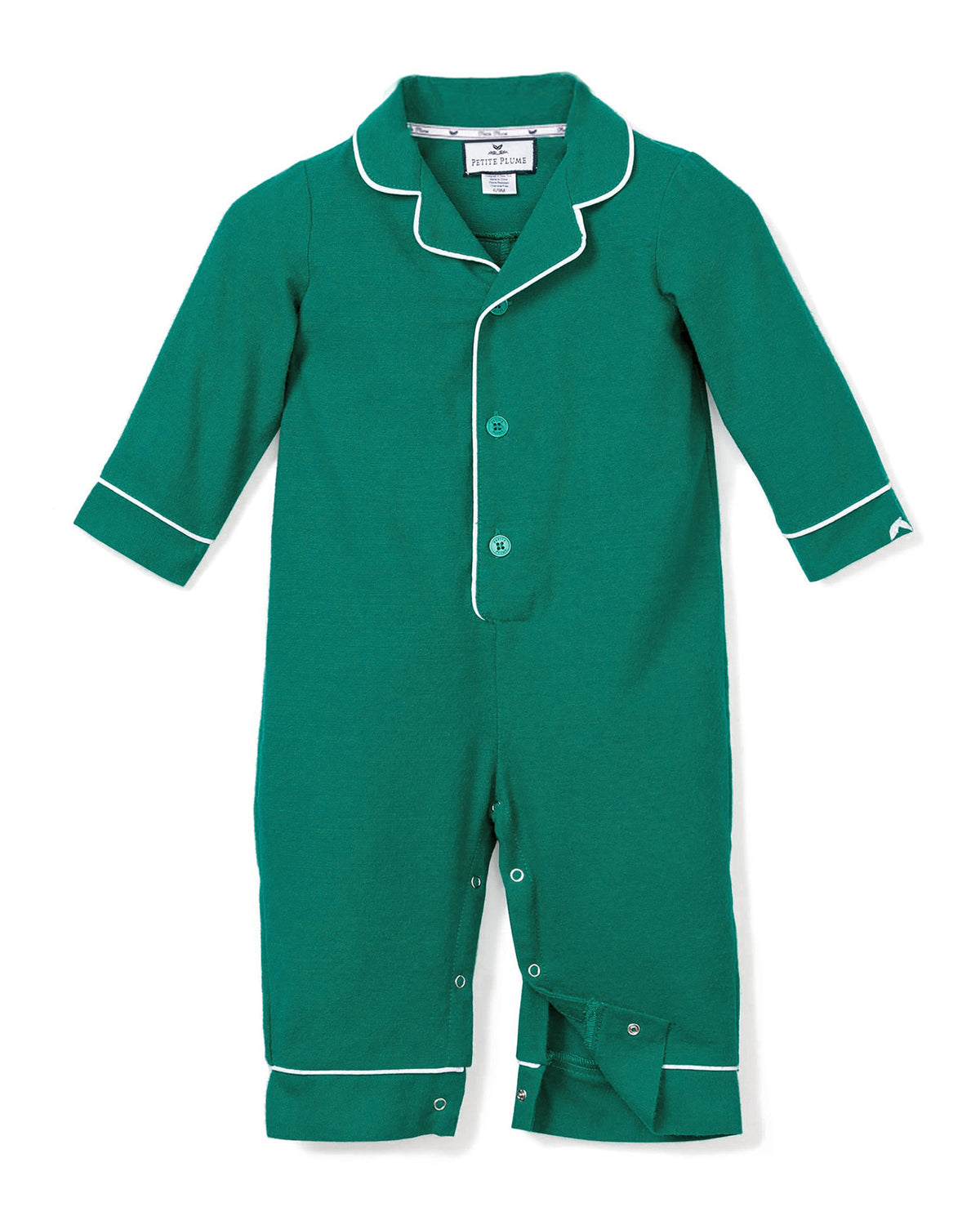 Front view of Forest Green Flannel Romper with White Piping showcasing white piping on collar, cuffs, and front with white background