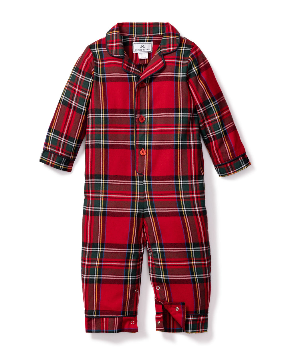 Front view of Imperial Tartan Romper showing red tartan plaid, piped collar and snap leg closures on white background