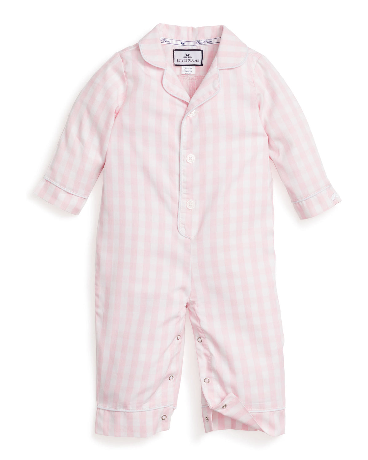 Front view of Children’s Pink Gingham Romper showcasing delicate collar and button front against a white background