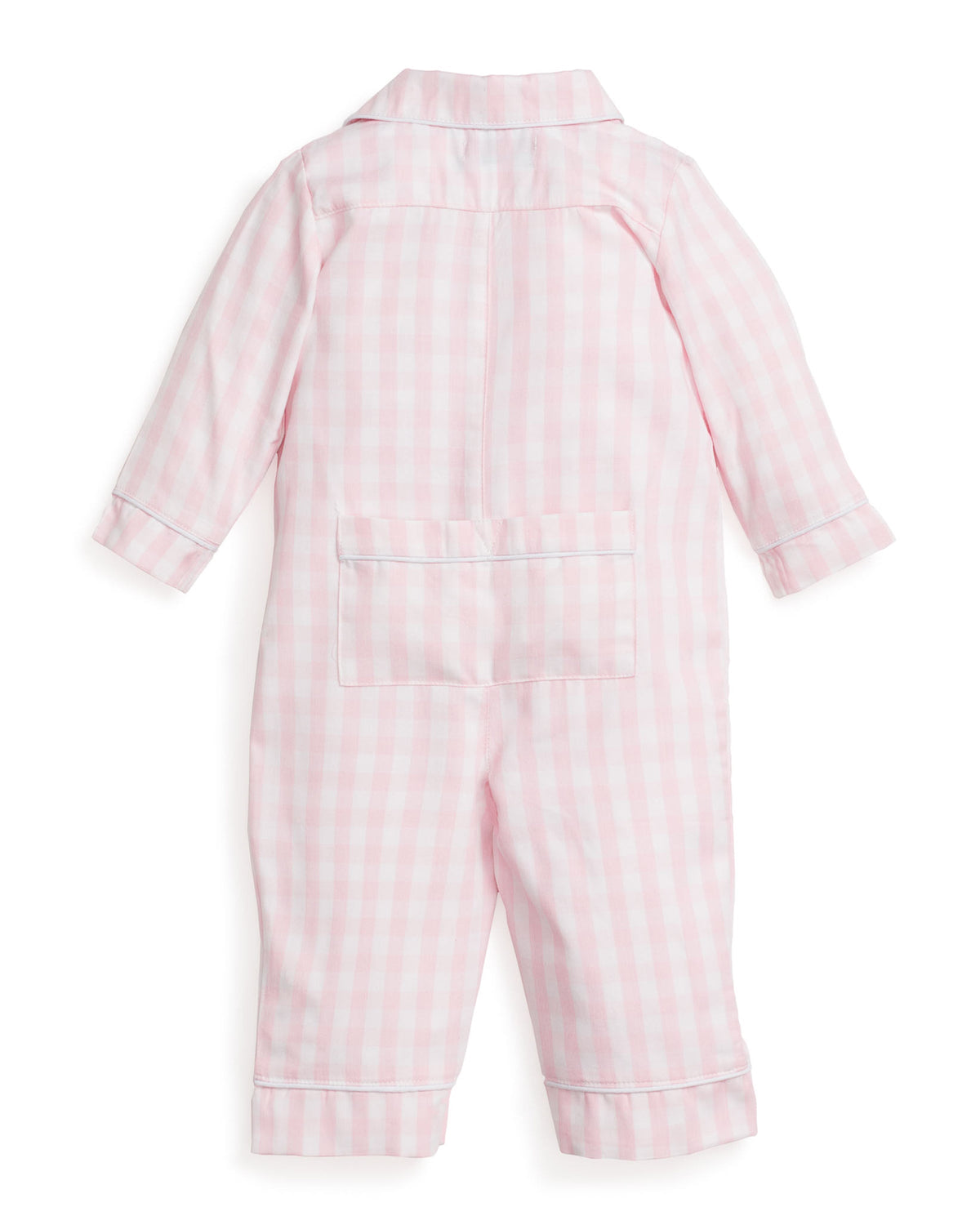 Back view of Children’s Pink Gingham Romper showcasing delicate collar, long sleeves, and patch pocket on white background