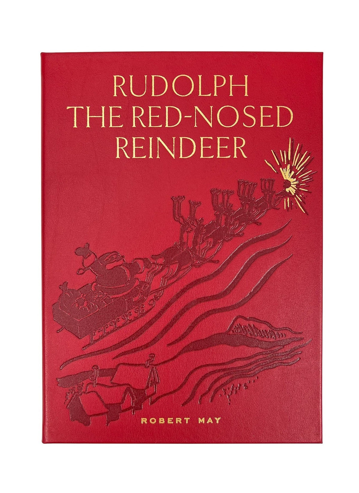 Front view of Rudolph the Red-Nosed Reindeer book with red leather binding, gold embossed title, and sleigh cover illustration