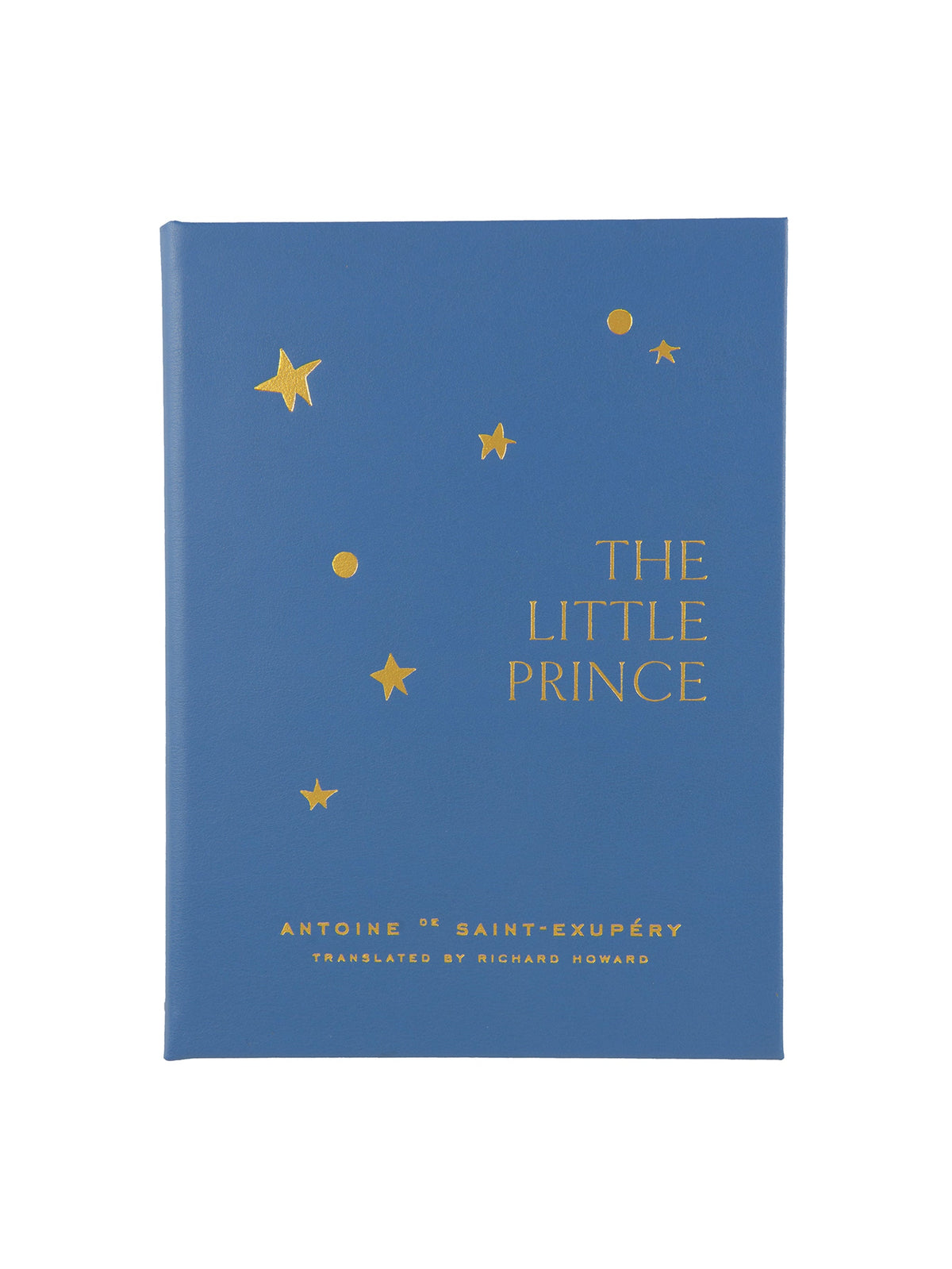 Front view of The Little Prince bonded leather book showcasing blue cover with gold foil stars and title on white background