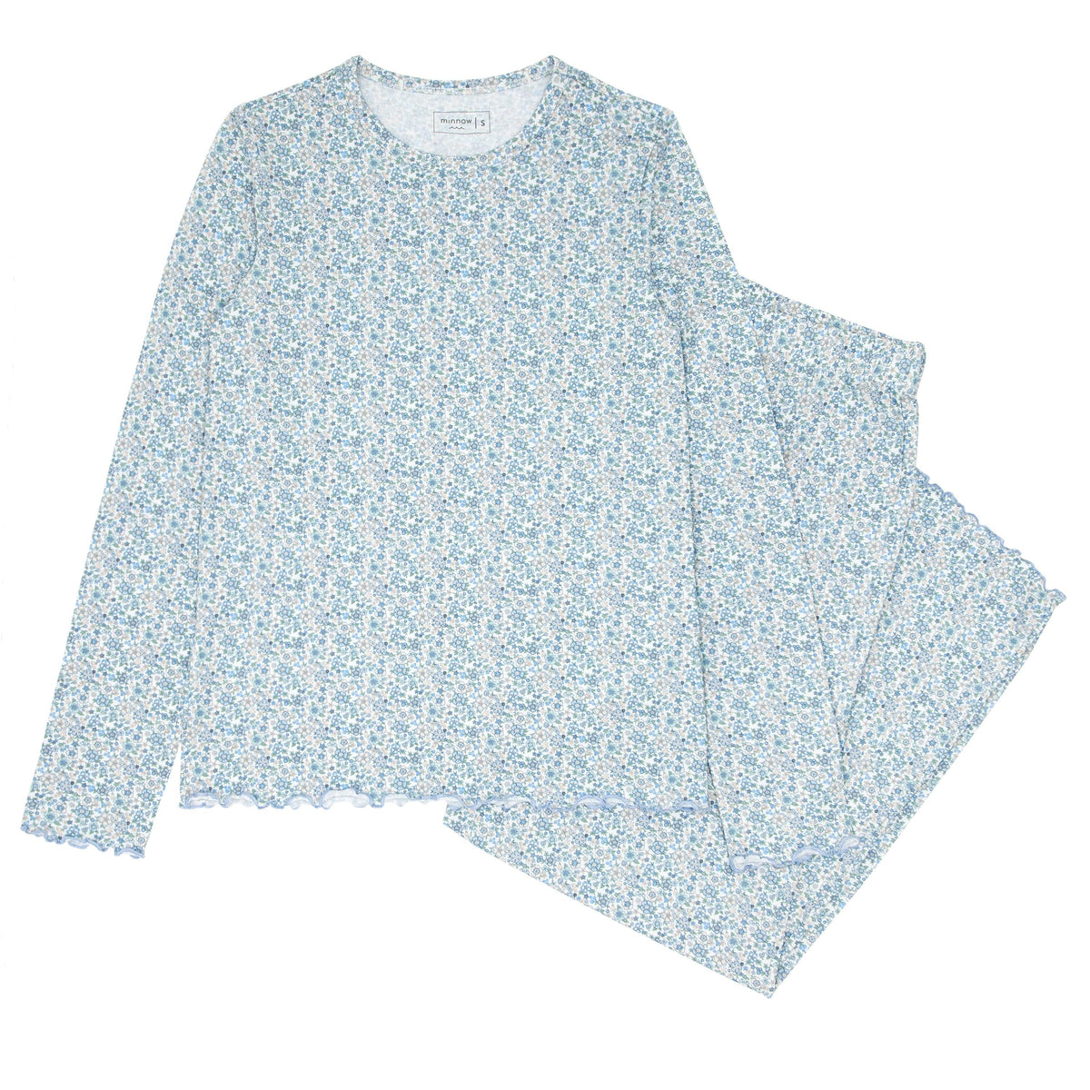 Top view of Women’s Slate Floral Pima Pajamas Set showcasing floral print and lettuce hems on a white background