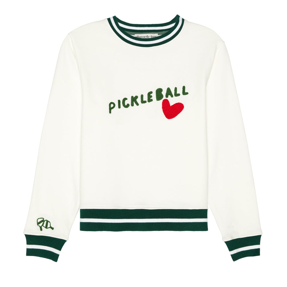 Front view of Pickleball Heart Sweatshirt in cream with green PICKLEBALL text, red heart, and green-striped collar, cuffs, and hem