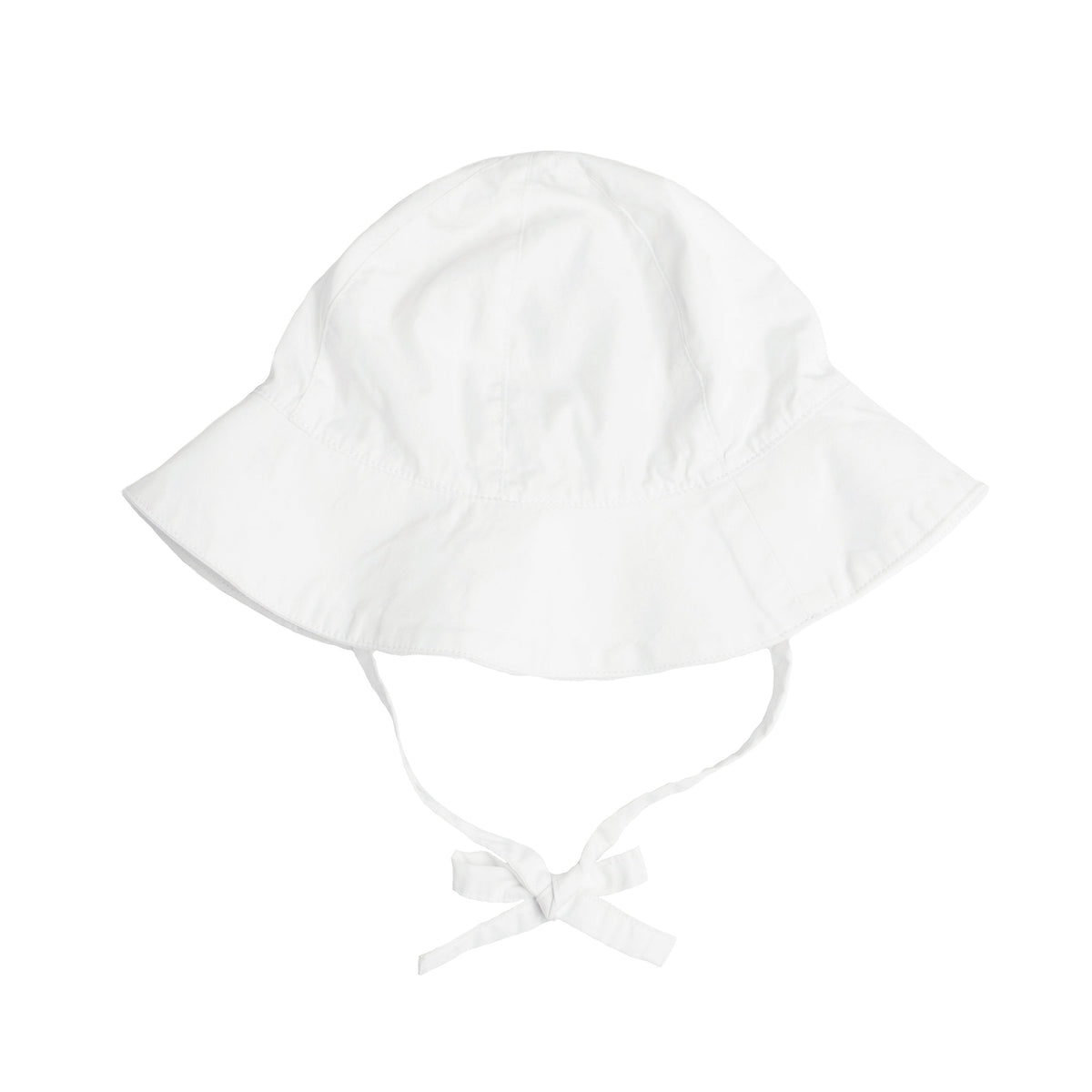 Flat lay of white sun hat showcasing wide brim and tie straps on white background