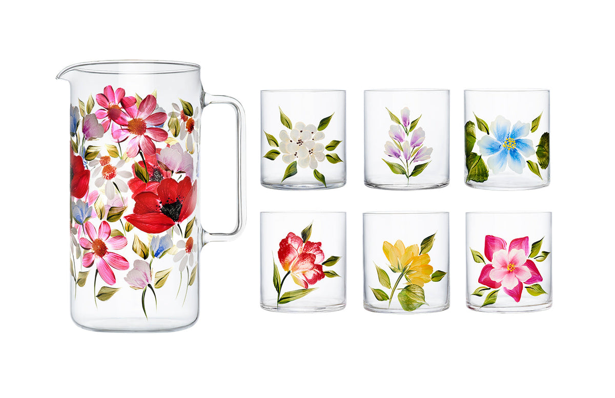 Front view of Wildflowers Jug with Set of 6 Tumblers showcasing hand-painted floral designs on a white background