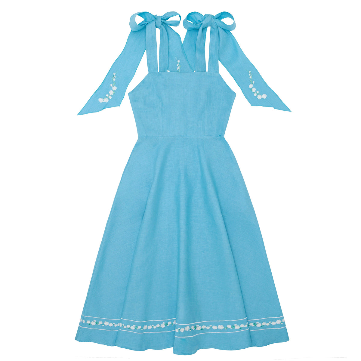 Front view of minnow x Fanm Mon Women’s Lagoon Tie Knot Dress showcasing elongated ties and floral embroidery