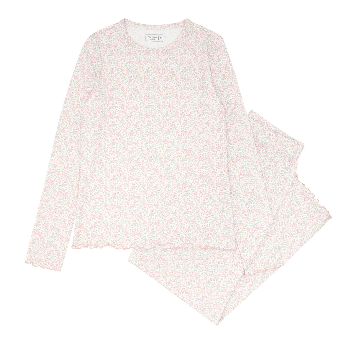 Flat lay of Women’s Antique Floral Pima Pajamas Set showcasing floral print and lettuce hems on a white background