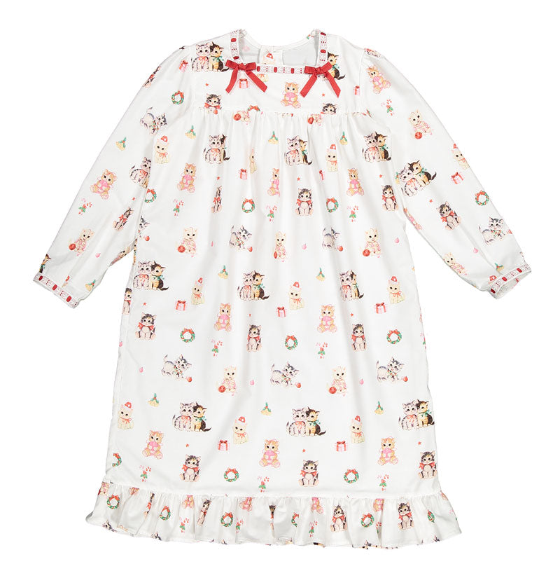 Front view of Festive Kitties Nightgown showcasing kitten print and red neckline bows on a white background