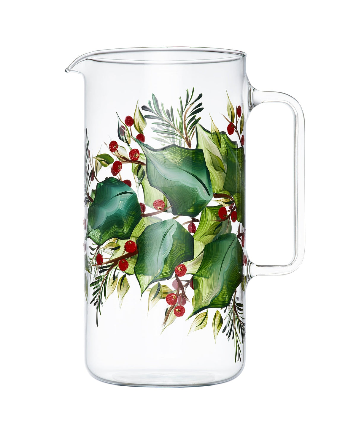 Side view of Holly glass jug showcasing hand-painted green holly leaves and red berries on clear glass with white background