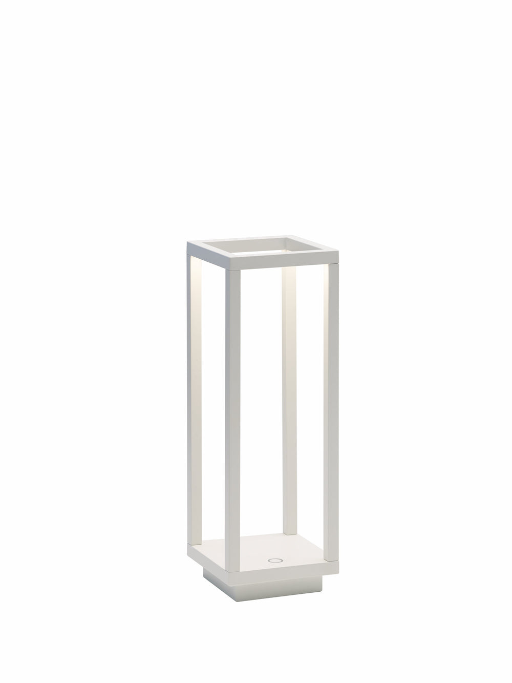 Front view of Home Lamp in white with open rectangular frame, illuminated vertical columns, and low-profile charging base