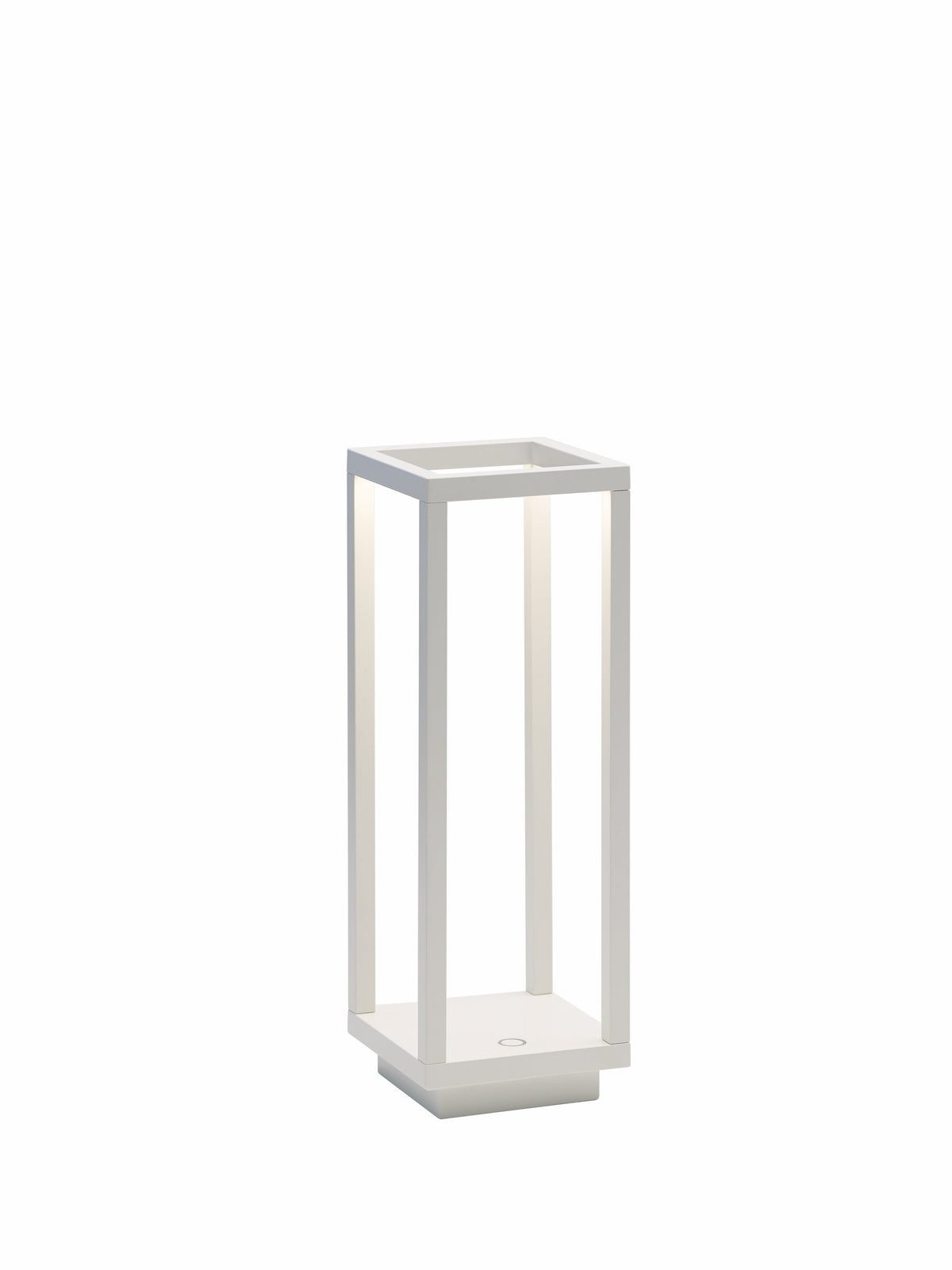 Front view of Home Lamp in white with open rectangular frame, illuminated vertical columns, and low-profile charging base