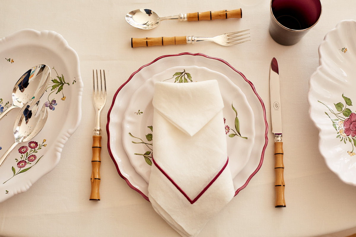 Soft Linen Cord Embroidered Dinner Napkin in White with Bergonia
