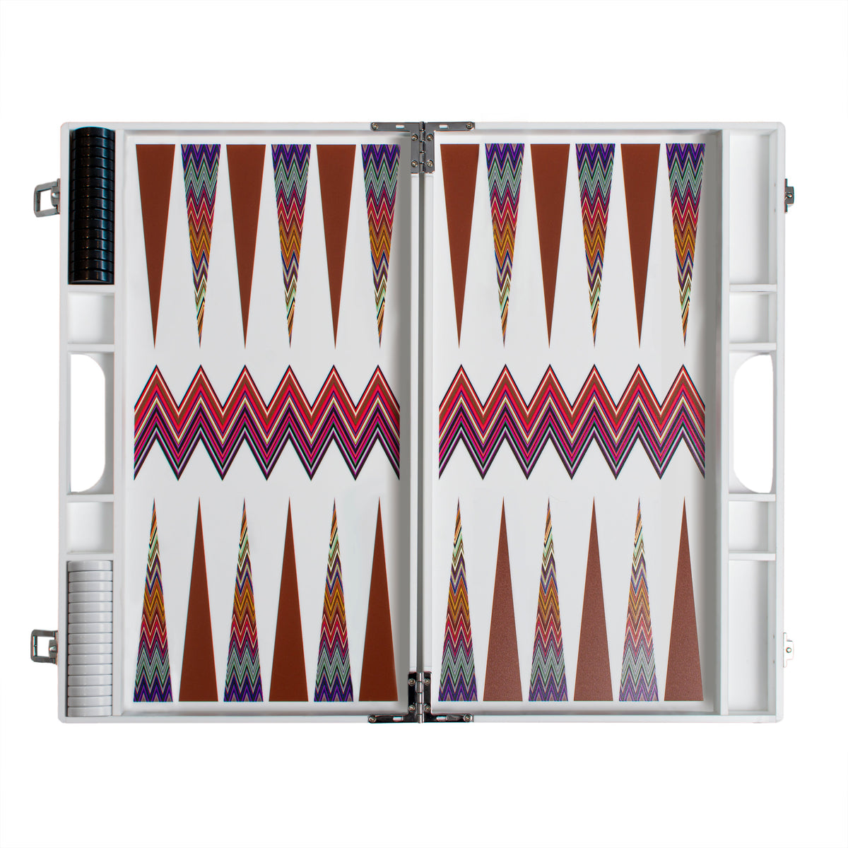 Top view of Zig Zag backgammon board showcasing white surface with multicolor zigzag stripe and brown points, chip storage